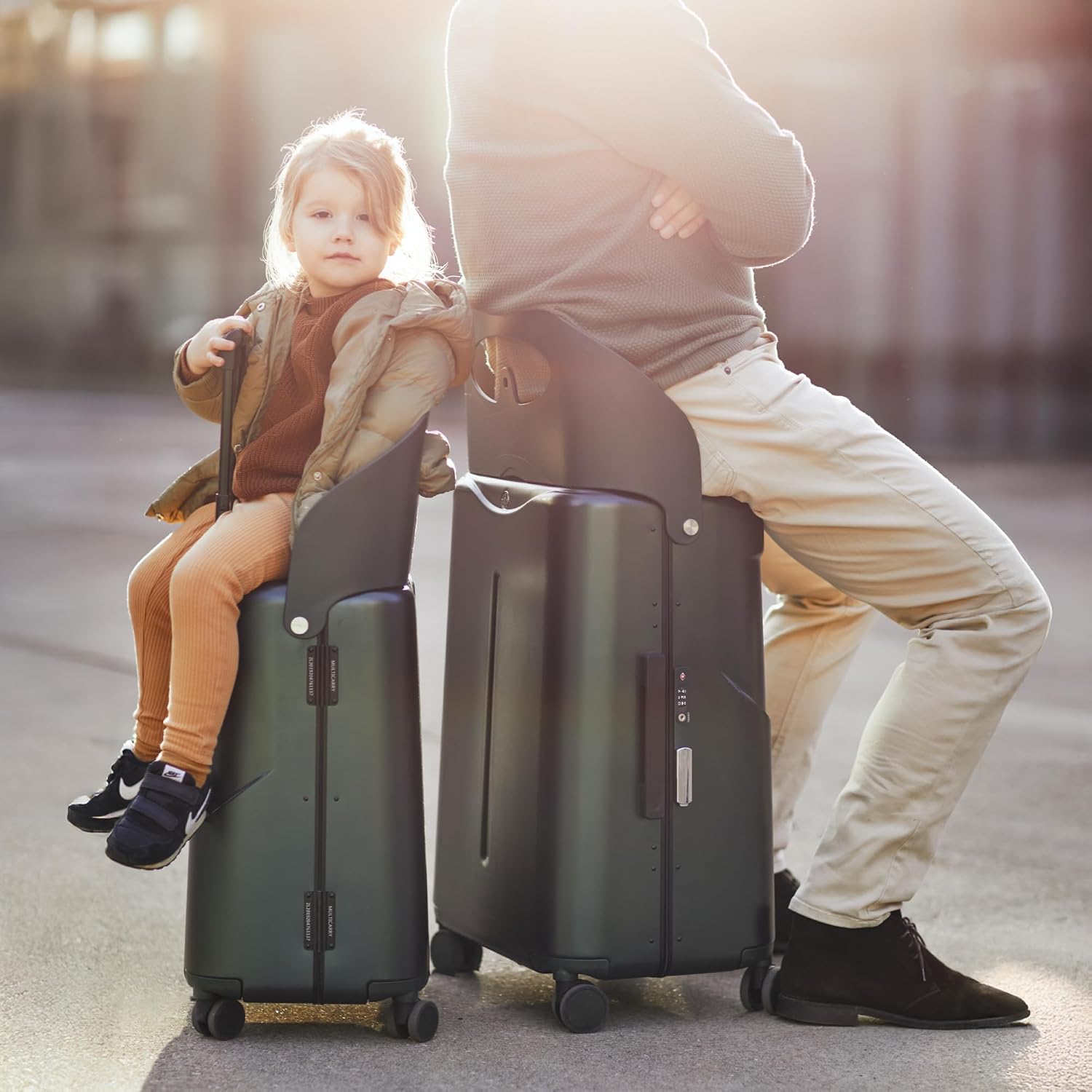MiaMily Kids Ride-On Carry-On Suitcase with Foldable Seat, Safety Belt, TSA Lock, 4 Double Spinner Wheels, Hard Shell Cabin Luggage, 43L, Forest Green