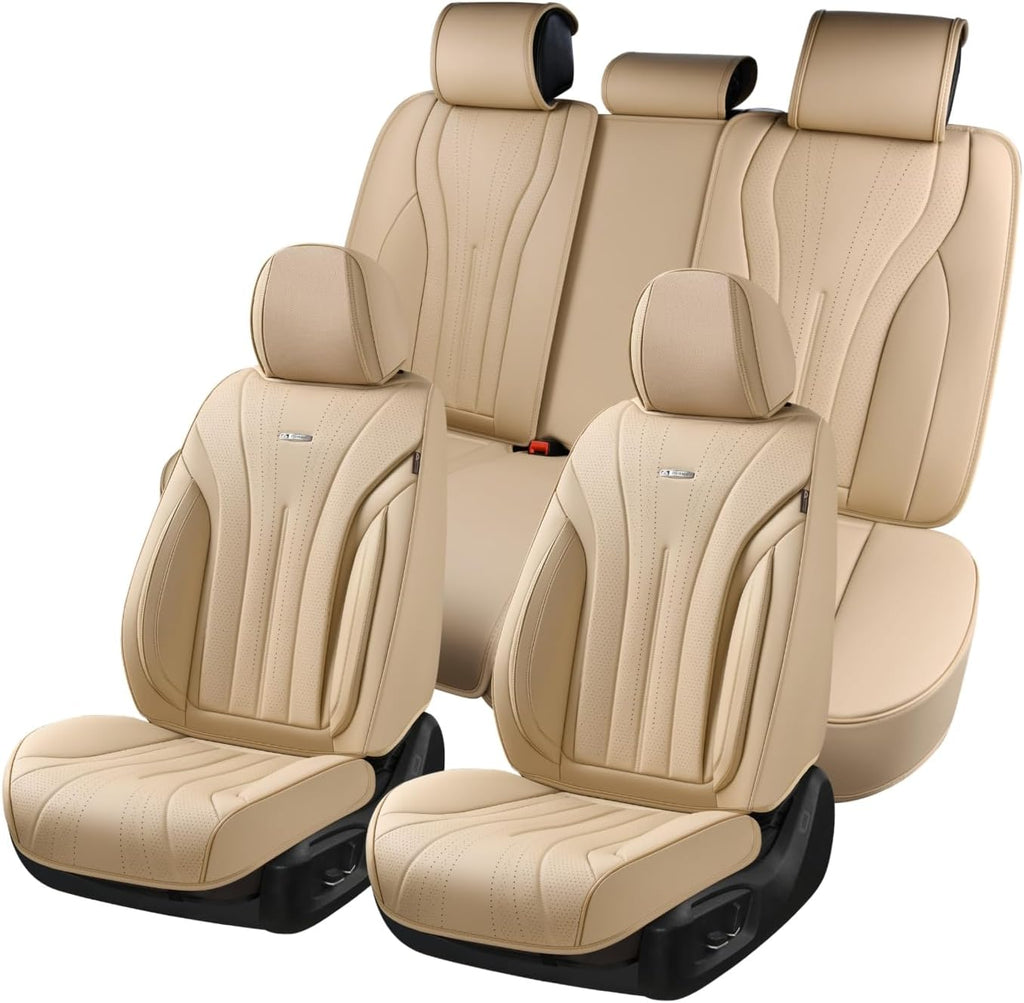 Coverado Car Seat Covers Full Set, Breathable Nappa Leather Seat Covers for Cars, Universal Seat Covers, Front and Back Waterproof Car Seat Protector, Automotive Seat Cushion Fit Most Cars(Beige)