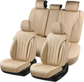 Coverado Car Seat Covers Full Set, Breathable Nappa Leather Seat Covers for Cars, Universal Seat Covers, Front and Back Waterproof Car Seat Protector, Automotive Seat Cushion Fit Most Cars(Beige)