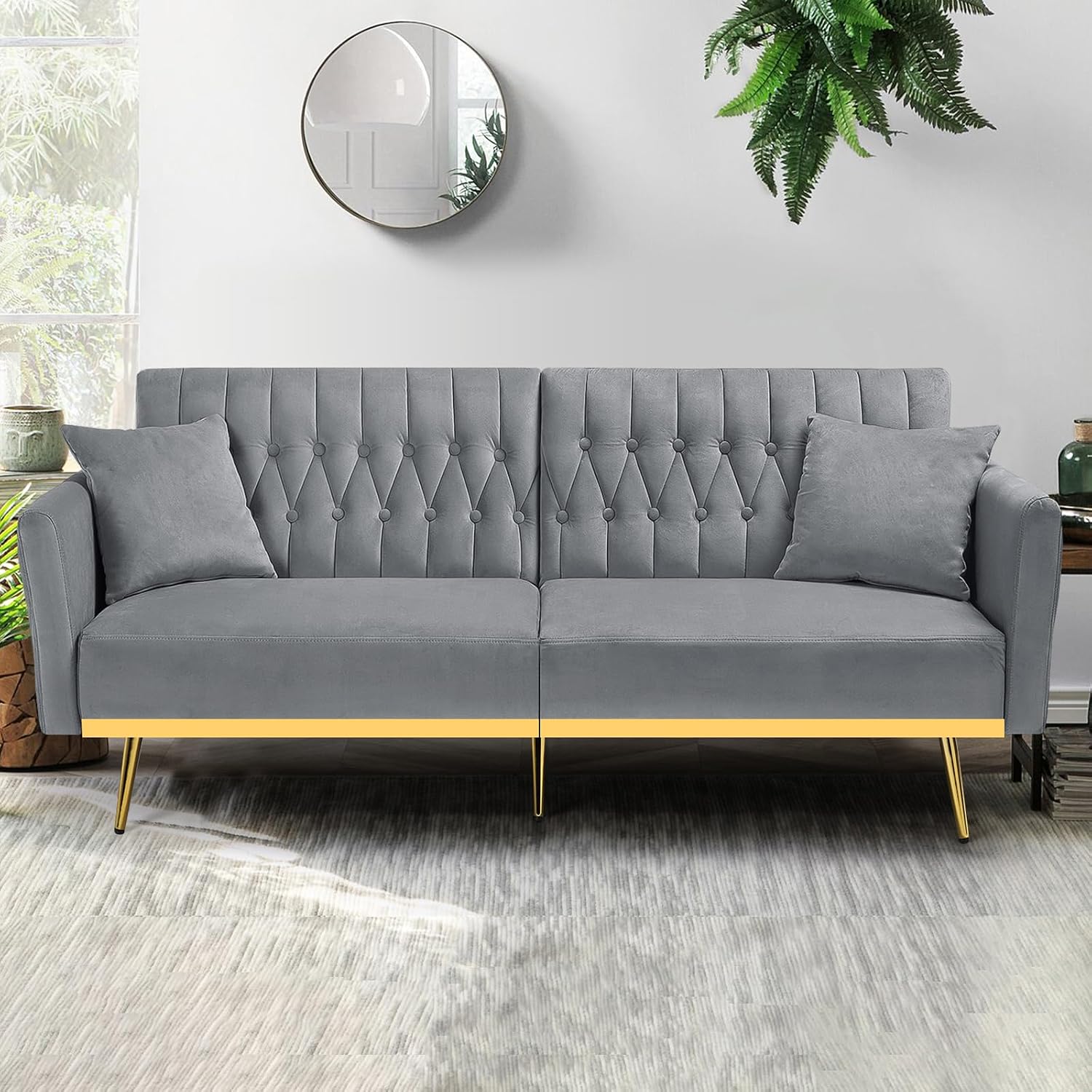 70' Velvet Futon Sofa Bed with 2 Pillows and Adjustable Armrests, Convertible Sleeper Bed W/Adjustable Backrests, Modern Loveseat for Living Room, Bedroom, Light Grey