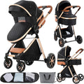2 in 1 Baby Stroller Convertible Reversible Standard Pram Portable Pushchair Infant Buggy Baby Carriage Foldable High Landscape Pram for Toddler Newborn (225 Black Gold)