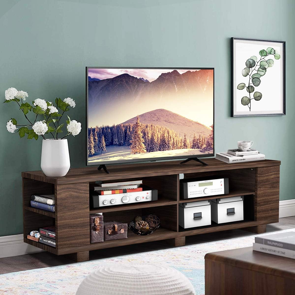Tangkula Wood TV Stand for TVs up to 65 Inch Flat Screen, Modern Entertainment Center with 8 Open Shelves, Farmhouse TV Storage Cabinet for Living Room Bedroom, TV Console Table (Brown)