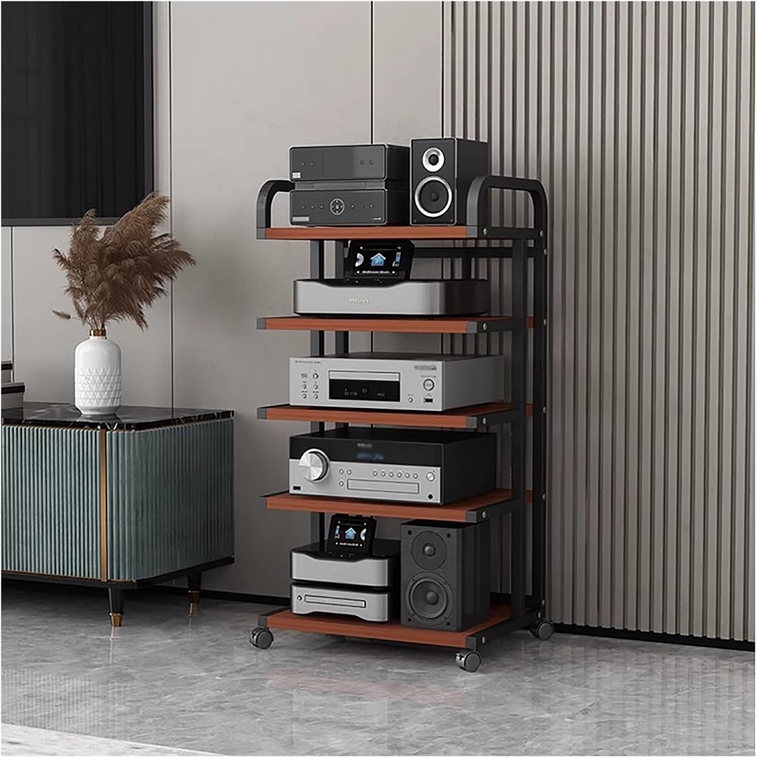 Audio Component Rack Tower Media Stereo Stand Equipment Shelf with Wheels, 3/4/ 5 Layer Steel Heavy Duty Home Entertainment System Organizer Holder (5 Tier b)