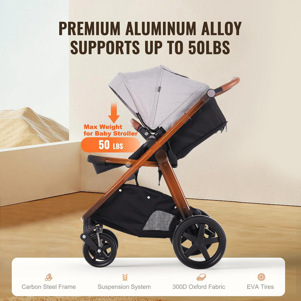 VEVOR 2-in-1 Baby Stroller with Infant Bassinet, Reversible Seat & Easy One-Button Fold, Aluminum Frame, EVA Tires with Brake, Lightweight Travel System Combo (Light Gray)