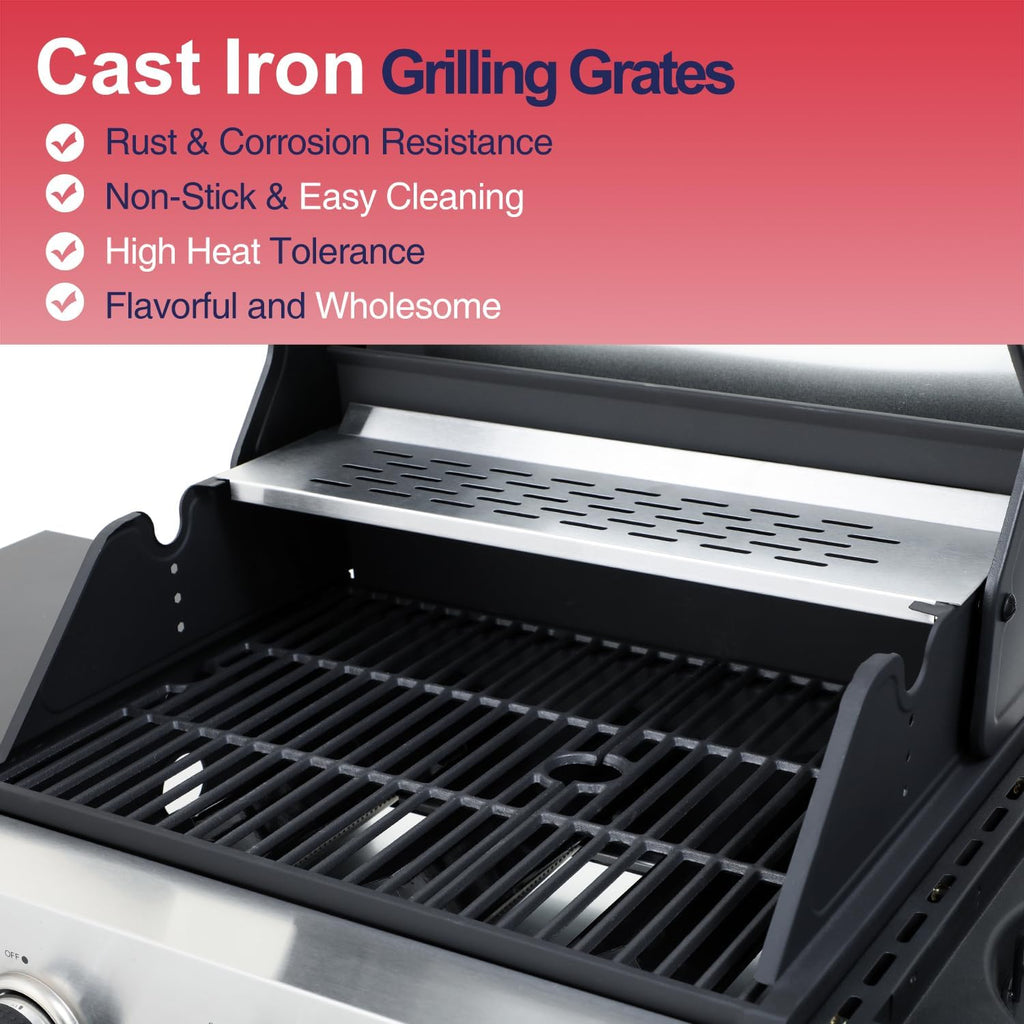 39,000 BTU 3+1 Burner Propane Gas Grill with Cast Iron Grids & Side Burner, Double-Wall Stainless Steel Lid – Even Heat, Easy Clean, Perfect for Backyard BBQ