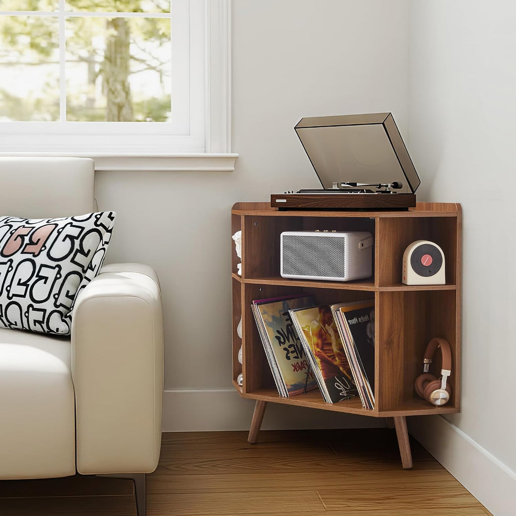 Corner Record Player Stand with Charging Station & USB Ports, 3 Tier Mid Century Modern Vinyl Record Storage Cabinet, Wood Turntable Stand for Music Room, Living Room, Small Space (Walnut)
