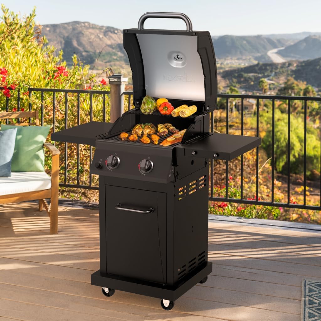 Nexgrill Deluxe 2-Burner Gas Grill with 401 SQ In Grate, 28000 BTUs, Heavy Duty Steel Frame & Foldable Side Table, Propane BBQ Grill for Outdoor Cooking, Patios, Backyards and More - 720-0864RD