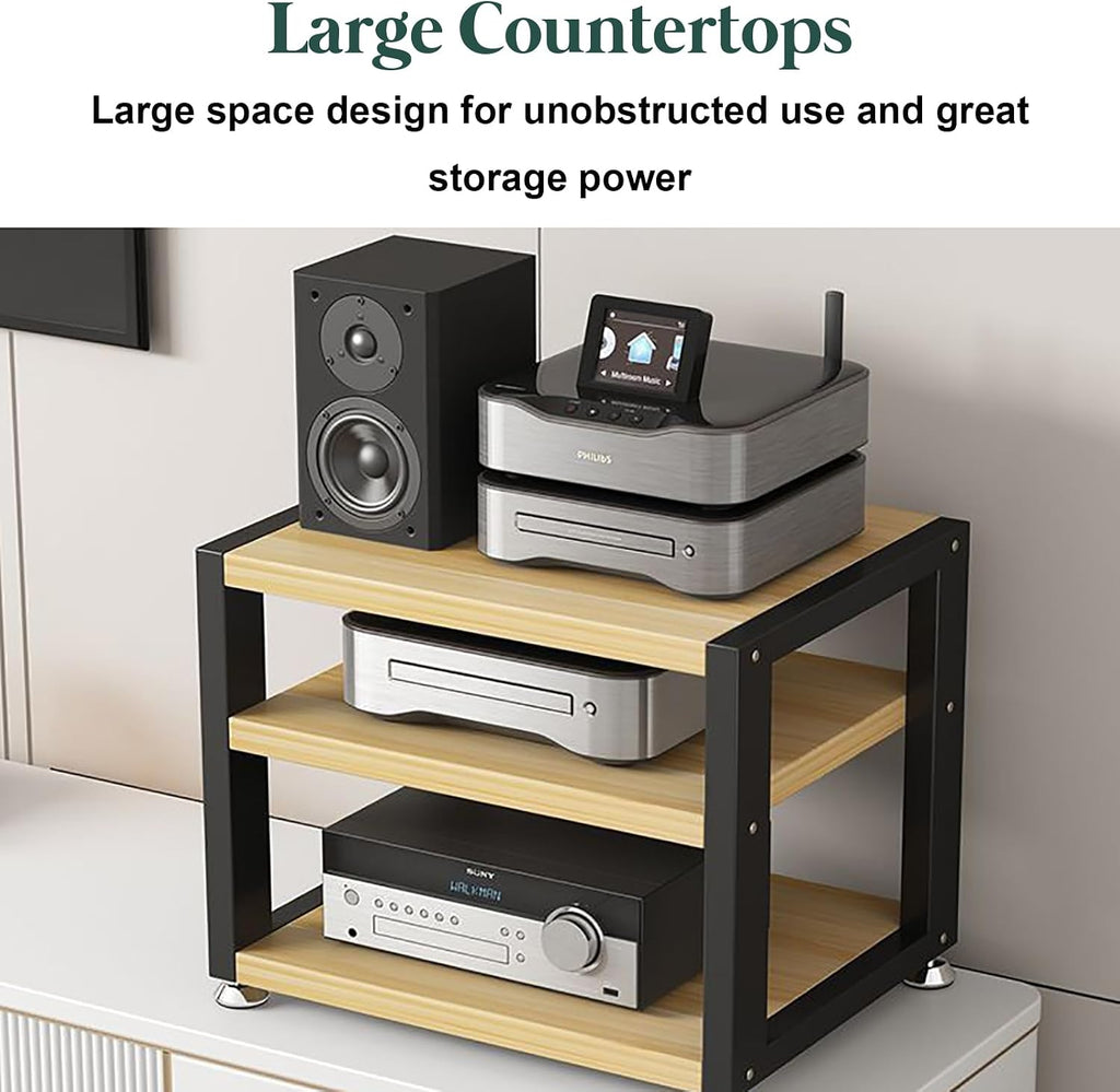 Movable AV Media Stand, 3-Tier Walnut Desktop Audio Rack, Portable Corner Stereo Cabinet, Open Storage for Computer Desk, Stylish Wooden Shelf for Home Entertainment