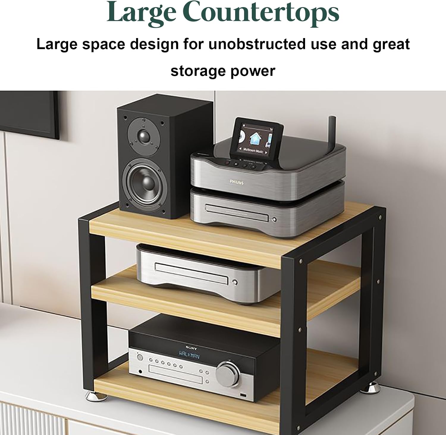 Movable AV Media Stand, 3-Tier Walnut Desktop Audio Rack, Portable Corner Stereo Cabinet, Open Storage for Computer Desk, Stylish Wooden Shelf for Home Entertainment