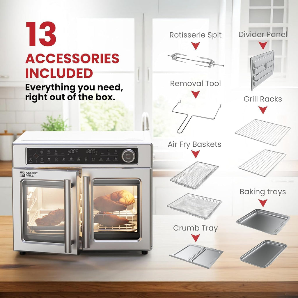 Magic Mill Ultra-Premium Air Fryer Toaster Oven Combo With Independent Dual-Zone Technology, Extra Large 32QT French Door Stainless Steel Convection Oven, Next-Gen Patent Technology, 13 accessories