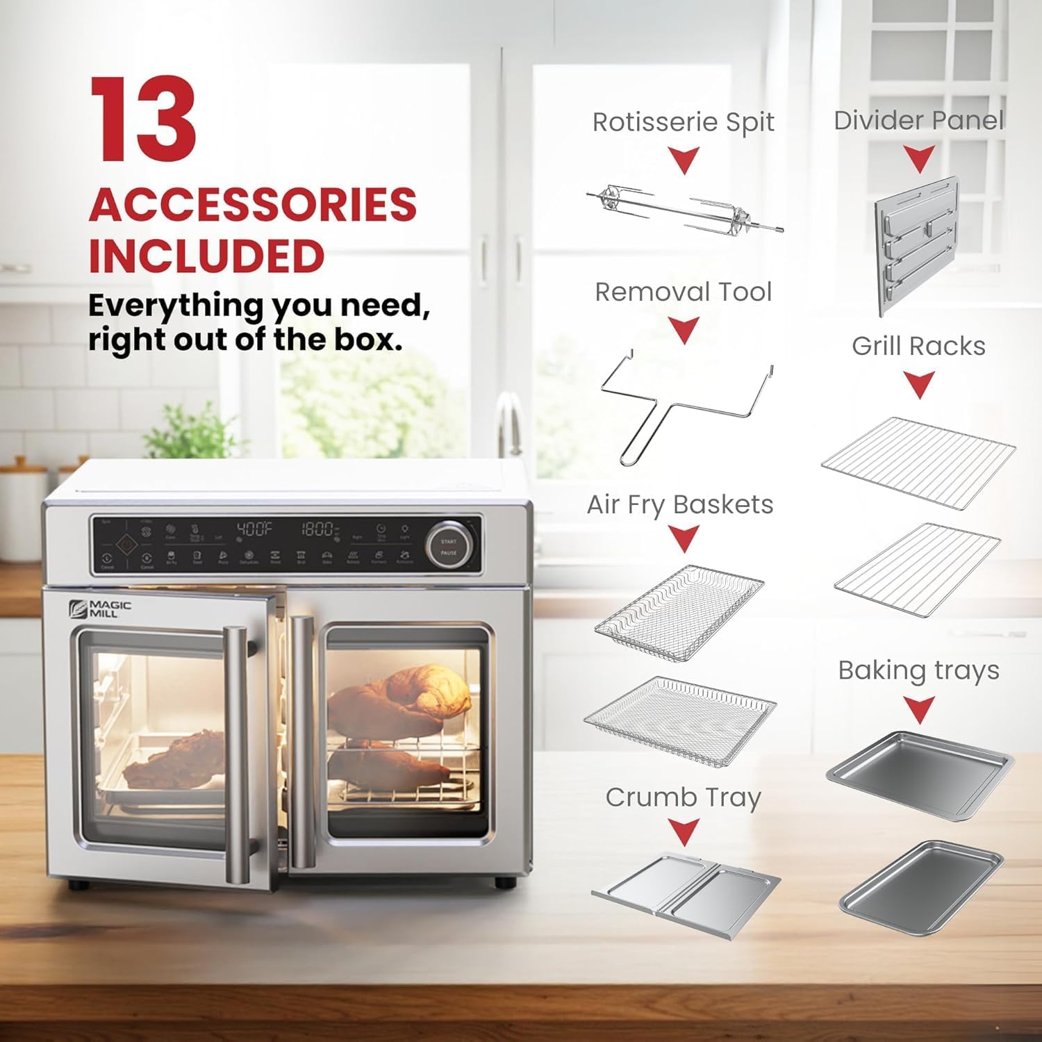 Magic Mill Ultra-Premium Air Fryer Toaster Oven Combo With Independent Dual-Zone Technology, Extra Large 32QT French Door Stainless Steel Convection Oven, Next-Gen Patent Technology, 13 accessories