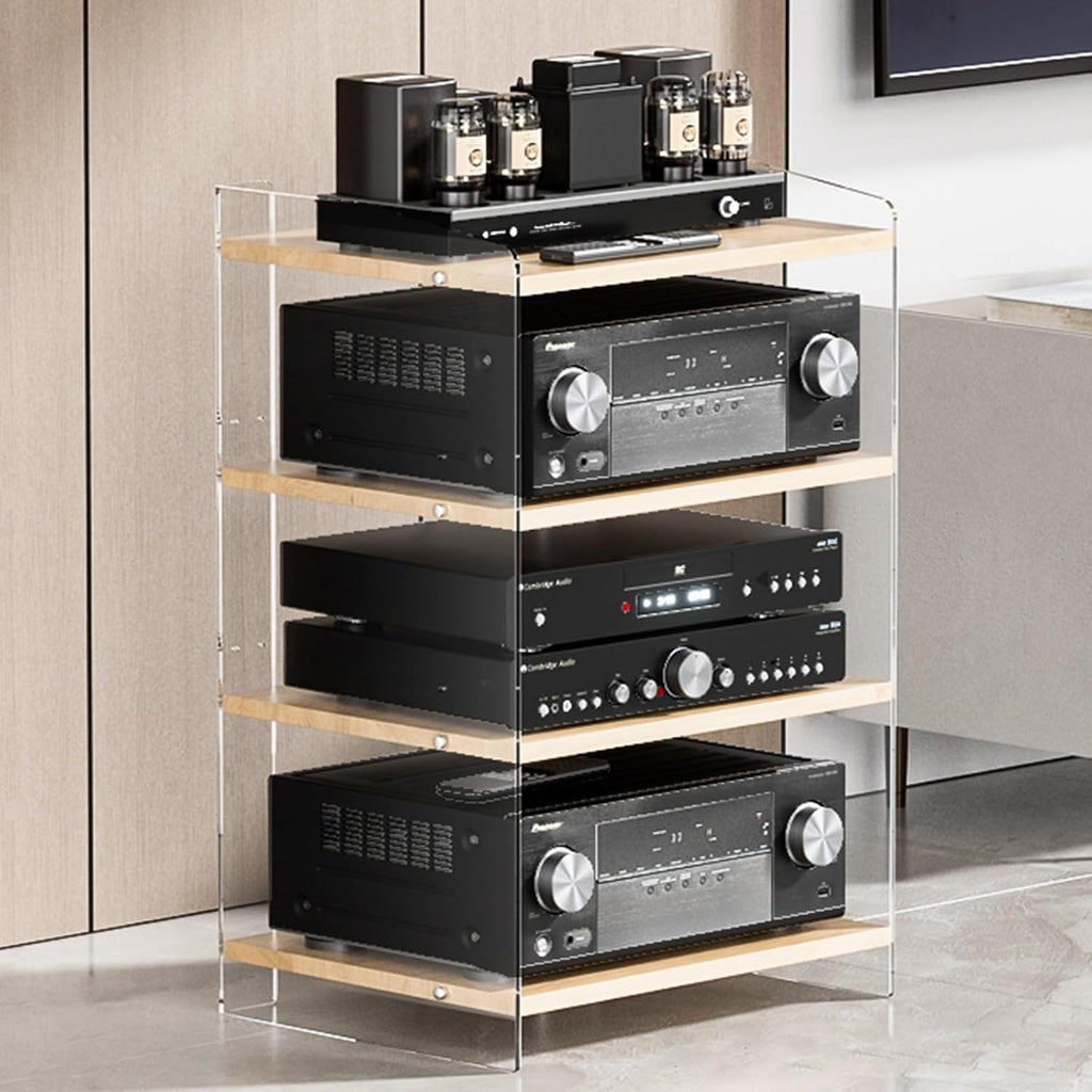 4-Tier Media Console Table - Adjustable Acrylic Stereo Stand Cabinet for Living Room, Record Player Tower Shelving Organizer, Light Grey Audio Equipment Rack
