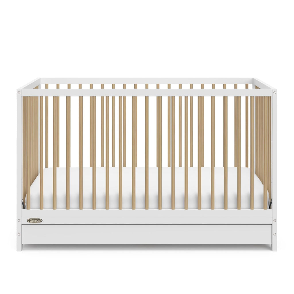 Graco Teddi 5-in-1 Convertible Crib with Drawer – GREENGUARD Gold Certified, Full-Size Nursery Storage Drawer, Baby Crib Converts to Toddler Bed, Daybed and Full-Size Bed (White and Driftwood)