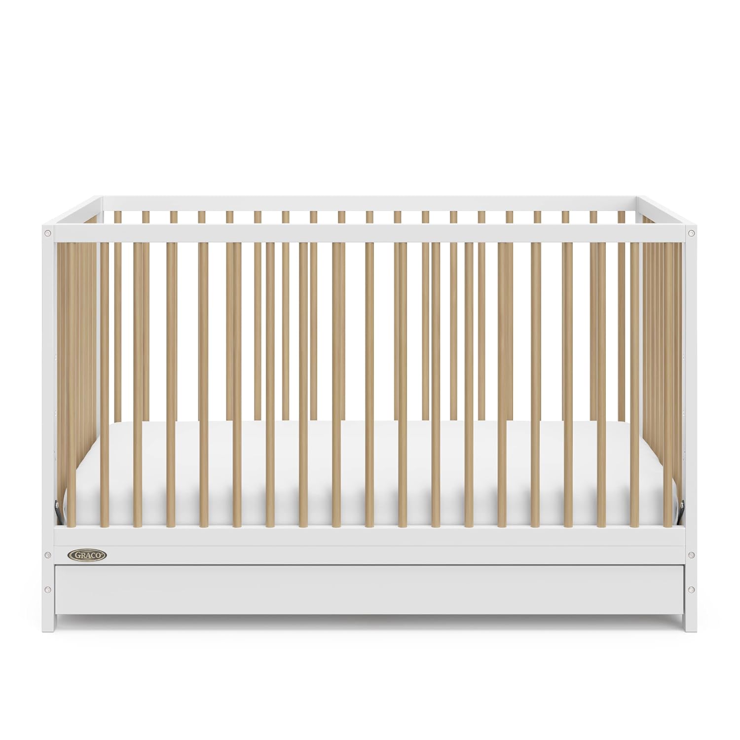 Graco Teddi 5-in-1 Convertible Crib with Drawer – GREENGUARD Gold Certified, Full-Size Nursery Storage Drawer, Baby Crib Converts to Toddler Bed, Daybed and Full-Size Bed (White and Driftwood)