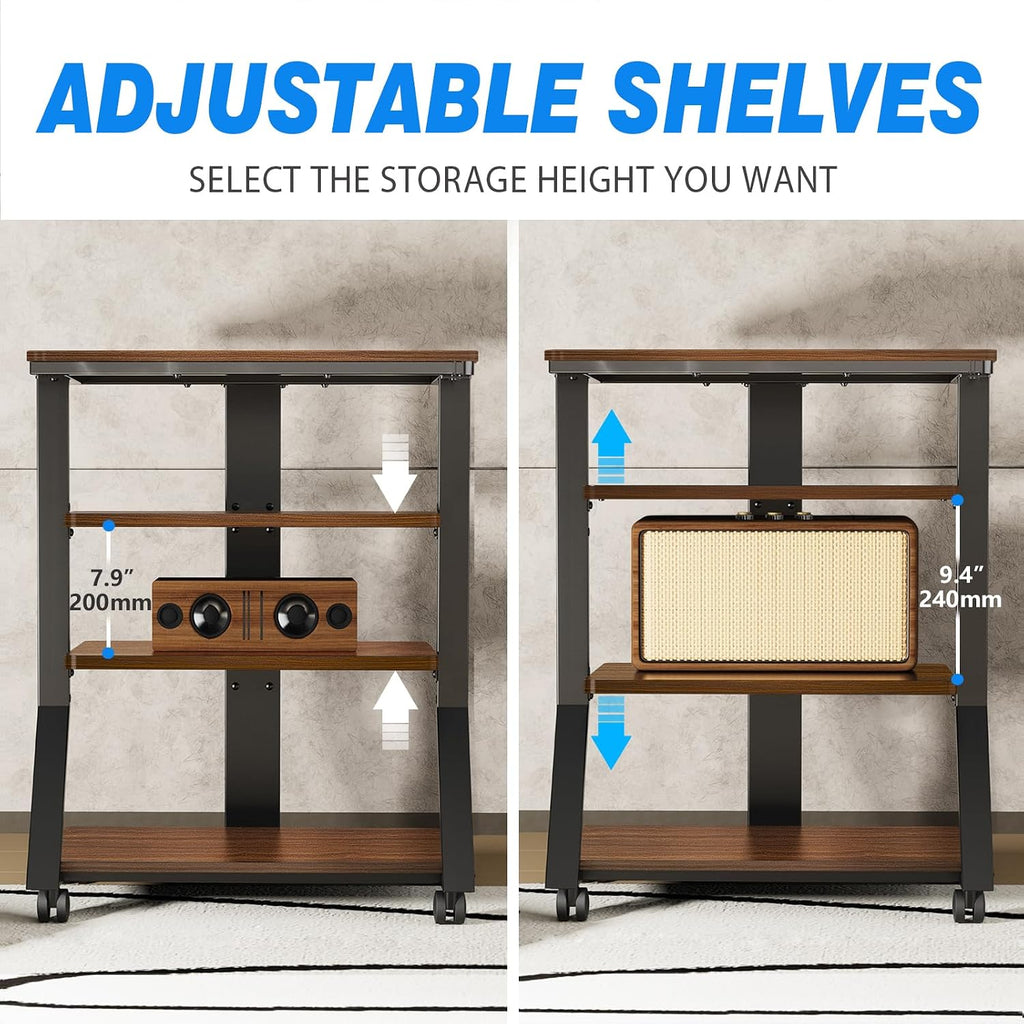 Rfiver 4-Tier AV Media Stand with Wheels, Mobile Rack Audio Tower with Height Adjustable Shelves, Wooden Stereo Racks and Stands, Stereo Stand for Record Player, TV Box, Corner Entertainment Center