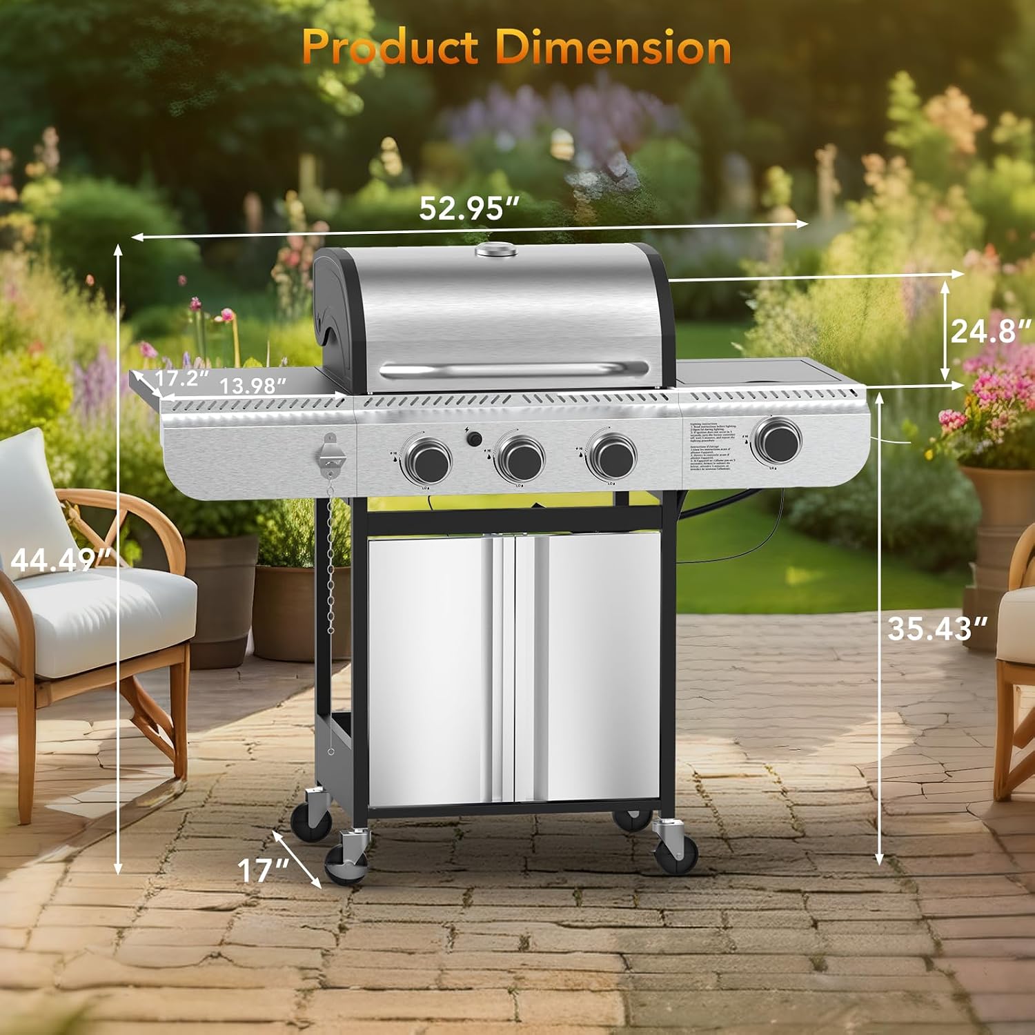 Electactic 3-Burner Propane Gas BBQ Grill with Side Burner,Stainless Steel Grill with Porcelain-Enameled Grates,37000 BTU Barbecue Grill, Suitable for Outdoor Cooking,Camping,Patio Backyard