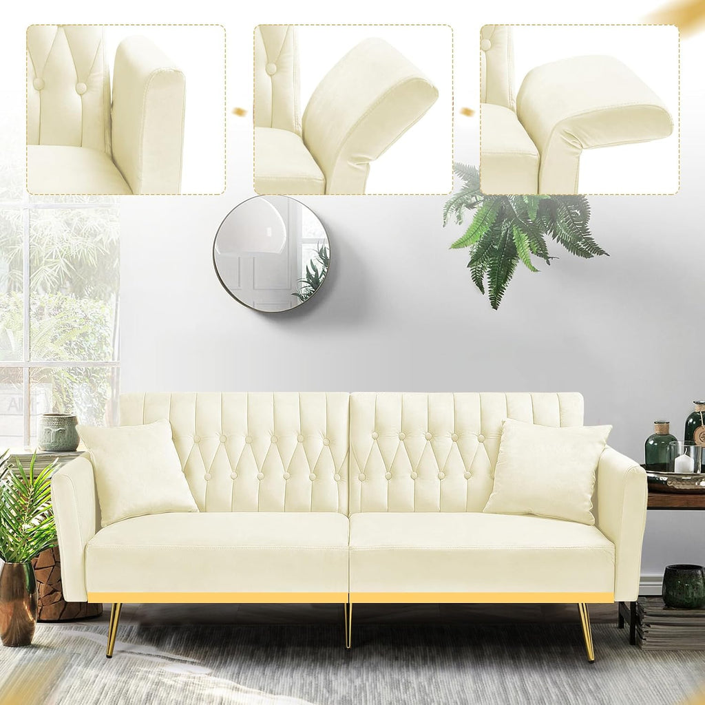 70' Velvet Futon Sofa Bed with 2 Pillows and Adjustable Armrests, Convertible Sleeper Bed W/Adjustable Backrests, Modern Loveseat for Living Room, Bedroom, Beige
