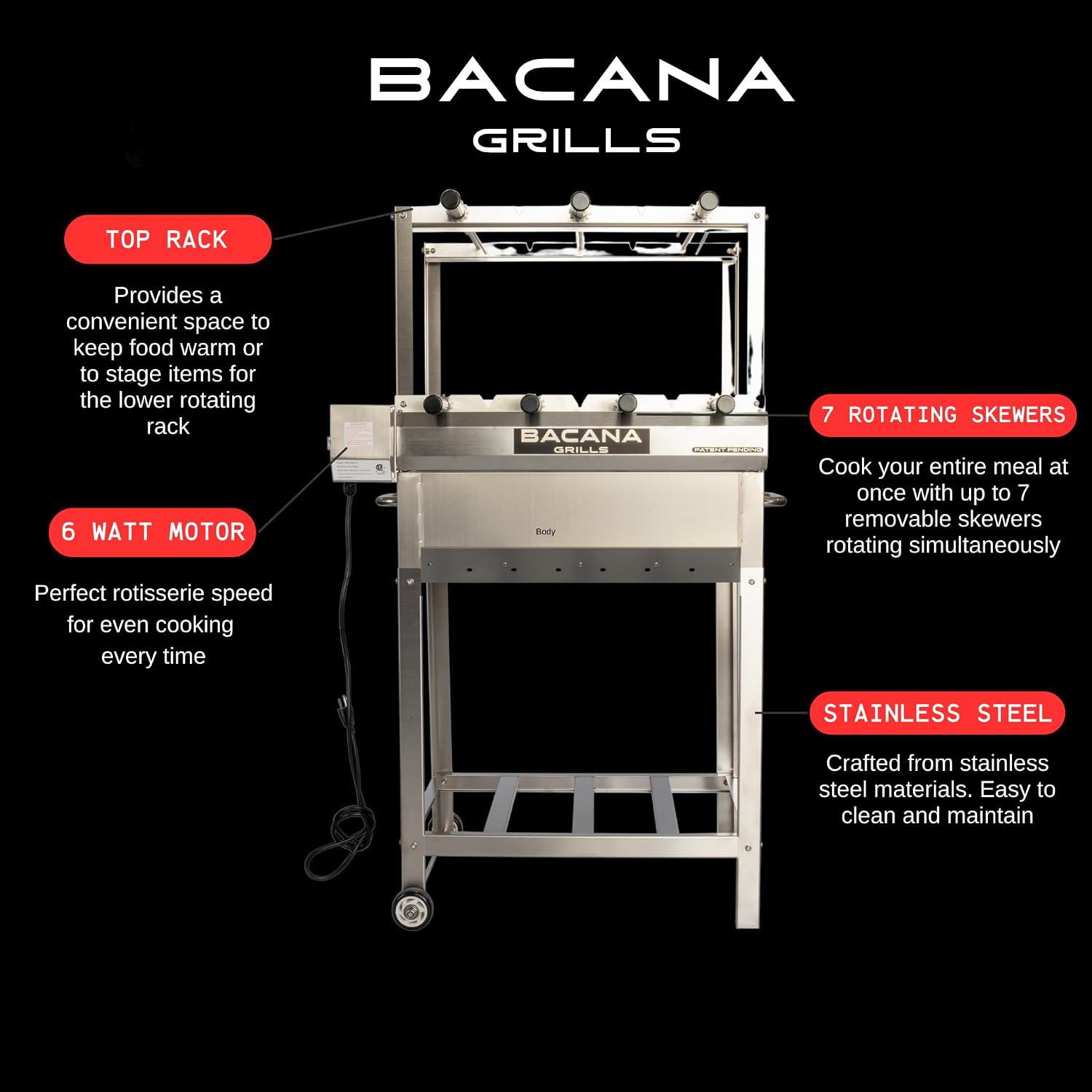 All-in-One Brazilian BBQ Grill Rotisserie - 7 skewers - Churrasco - Stainless Steel - Portable Wood Fire & Charcoal Gaucho Churrasqueira Chicken Grill