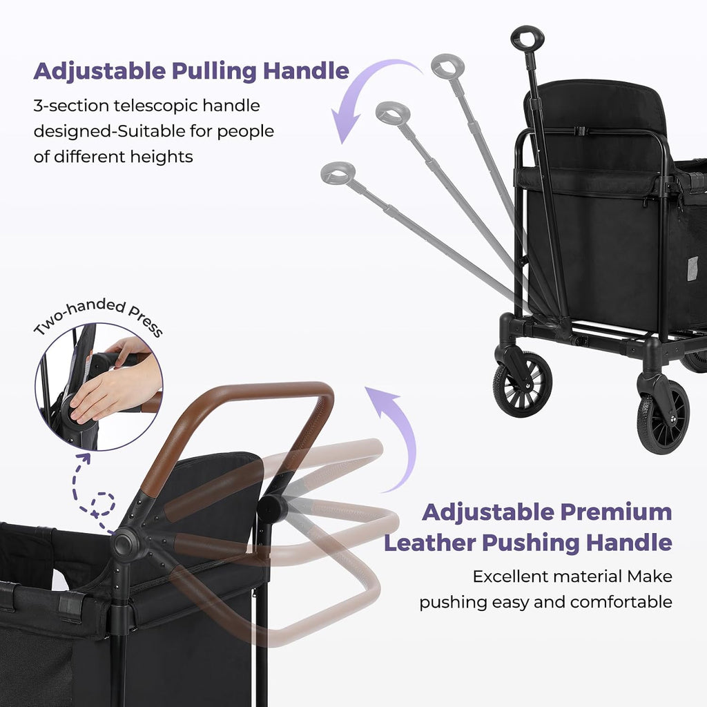 ELEMARA Wagon Stroller 4 Seater, Premium Stroller Wagon for 4 Kids, Foldable All-Terrain Wagon for Kids with Canopy, Adjustable Push/Pull Handles,Convertible High Seat&Organizer, Black+Purple