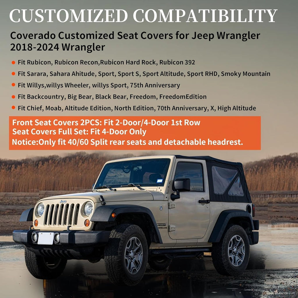 Coverado Seat Covers Full set for Jeep Wrangler, Waterproof Car Seat Covers for Truck Automotive Seat Covers Custom Fit for 2008-2012 Jeep Wrangler JK 4-Door, Full Coverage Wrangler Seat Covers(Black)