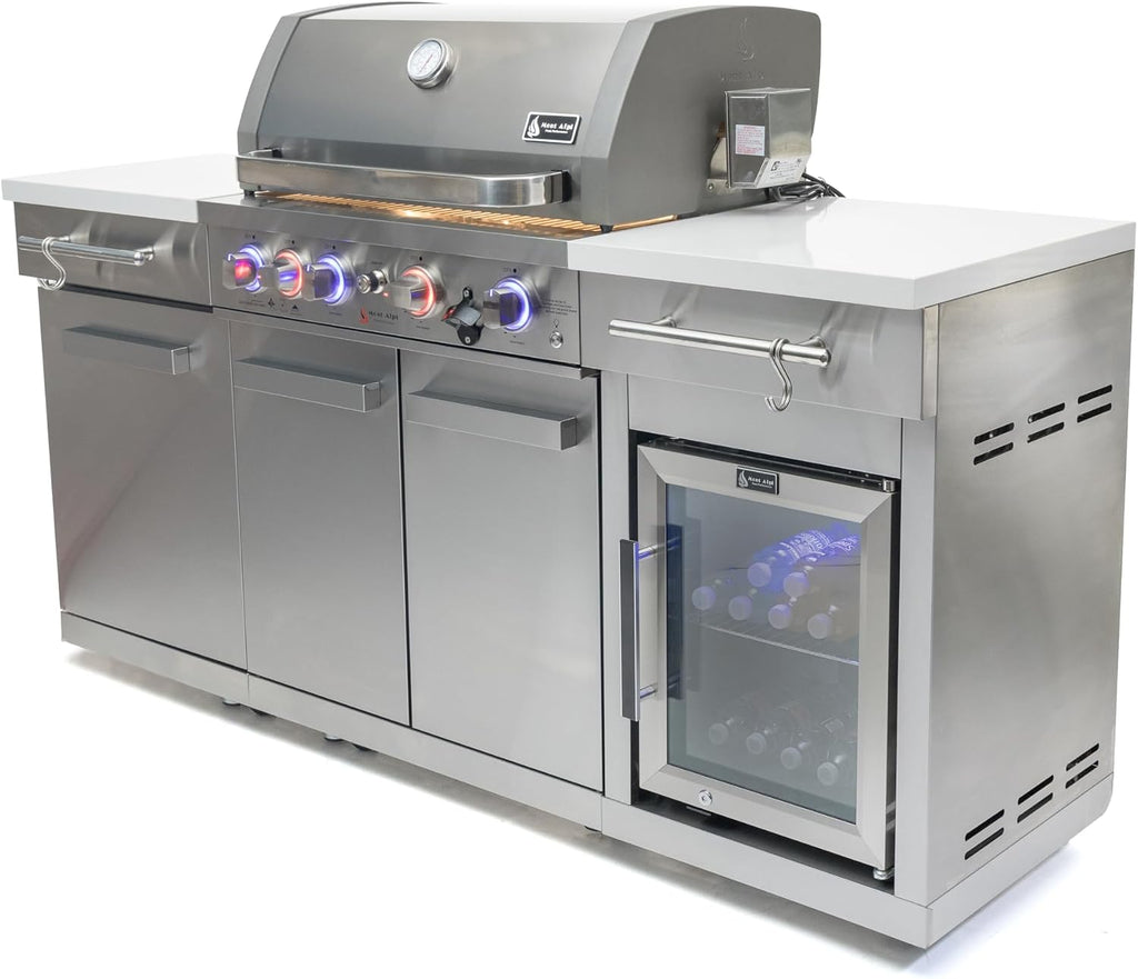 Mont Alpi Premium 70'W x 24'D Stainless Steel Compact Outdoor Kitchen Island with Refrigerator + 32'W 4-Burner BBQ Grill with Infrared Rotisserie Burner + Storage Cabinets + White Granite Countertops