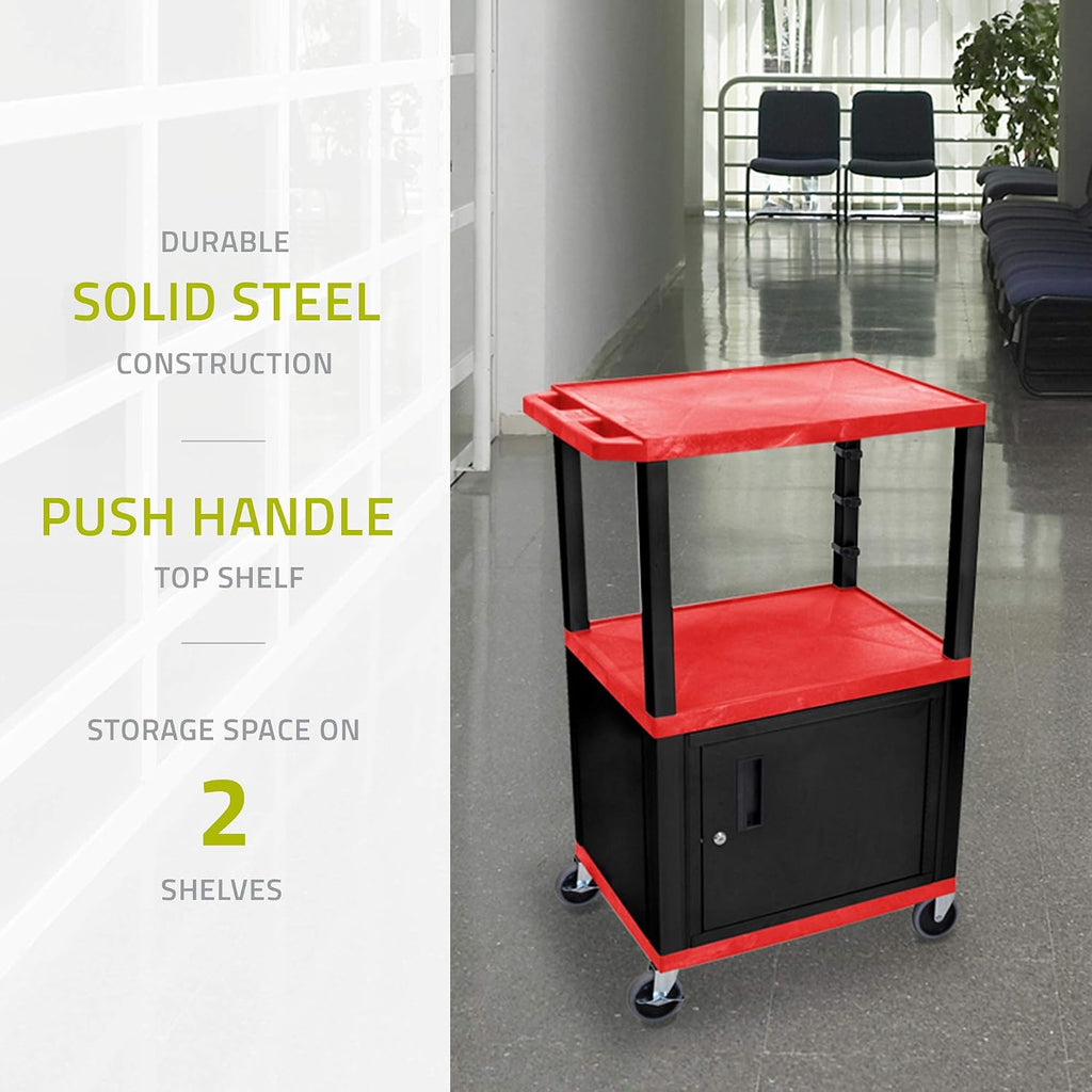 Luxor Multipurpose 42'H Red Audio Video Utility Cart with 3 Shelves, Cabinet - Black Legs