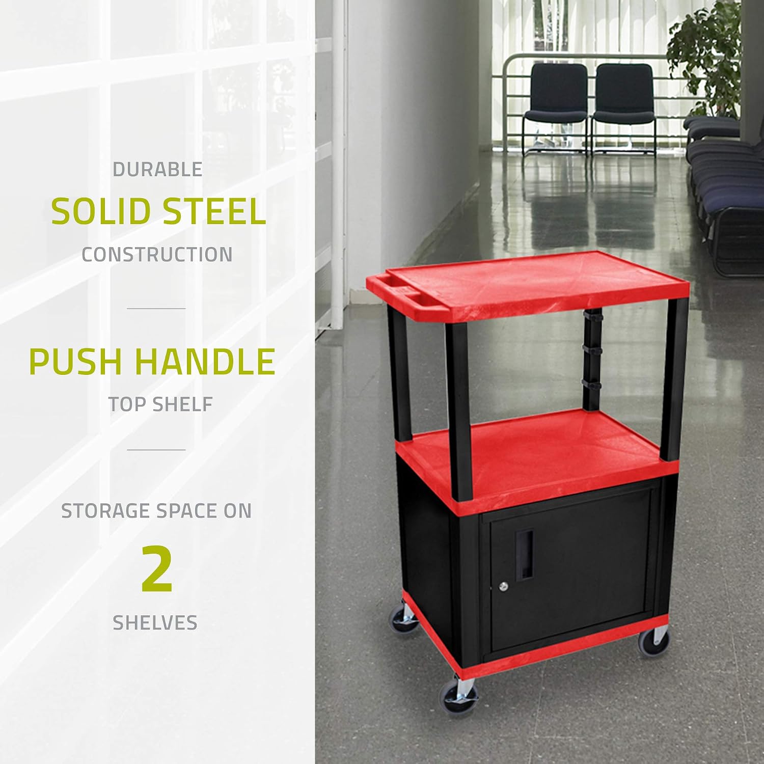 Luxor Multipurpose 42'H Red Audio Video Utility Cart with 3 Shelves, Cabinet - Black Legs
