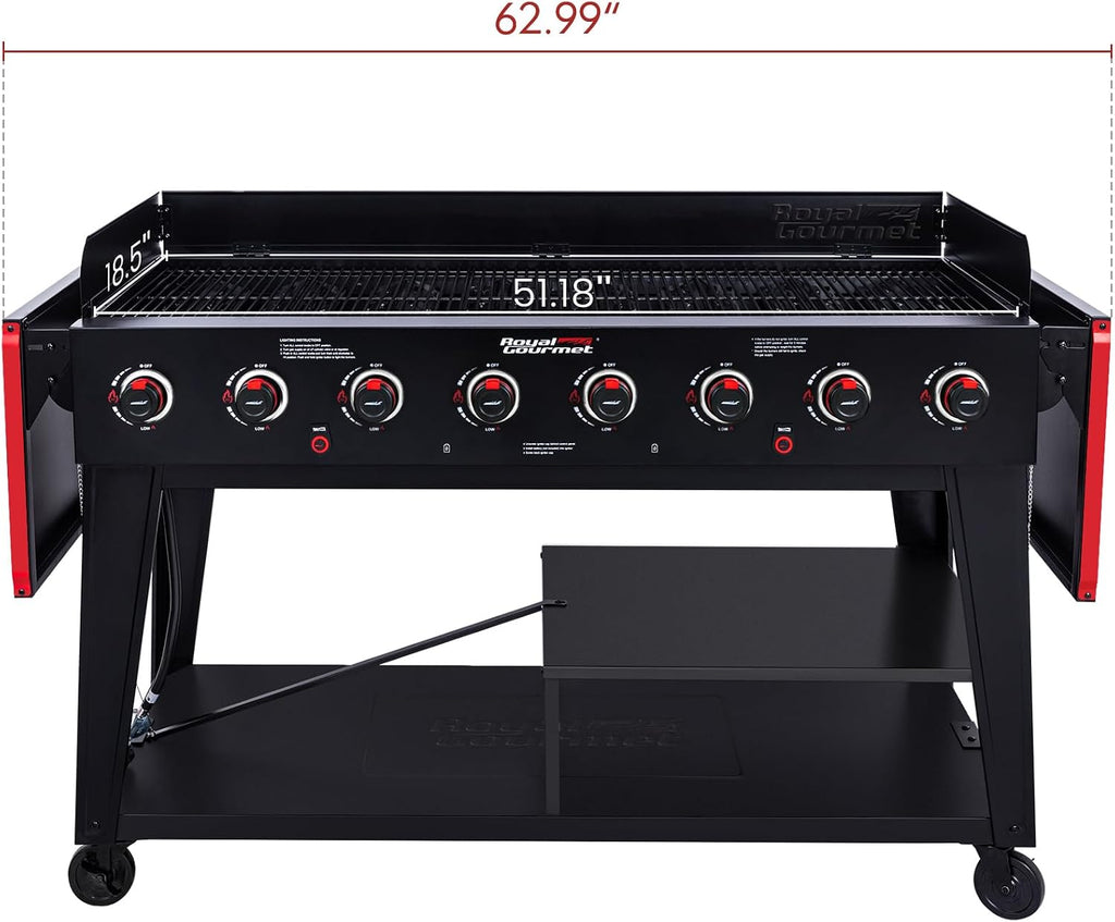 Royal Gourmet GB8003 8-Burner Propane Gas Grill with Foldable Side Tables, Large Propane BBQ Grill with Porcelain-Enameled Steel Wire Grates for Outdoor Party or Backyard Grilling, Black
