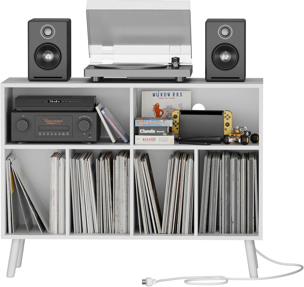 Cozy Castle Record Player Stand with Vinyl Storage Cabinet, Wood Turntable Table Open Shelf Holder Up to 350 Albums Cube Storage Organizer for Living Room, Office, White