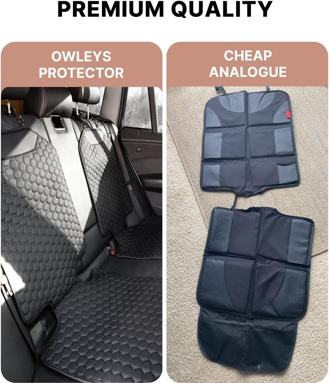 Owleys Set Seat Back Organizer & Car Seat Protector Hexy Waterproof & Non-Slip Protector for Child Car Cushion for Leather and Fabric Seats (Black 2pcs)