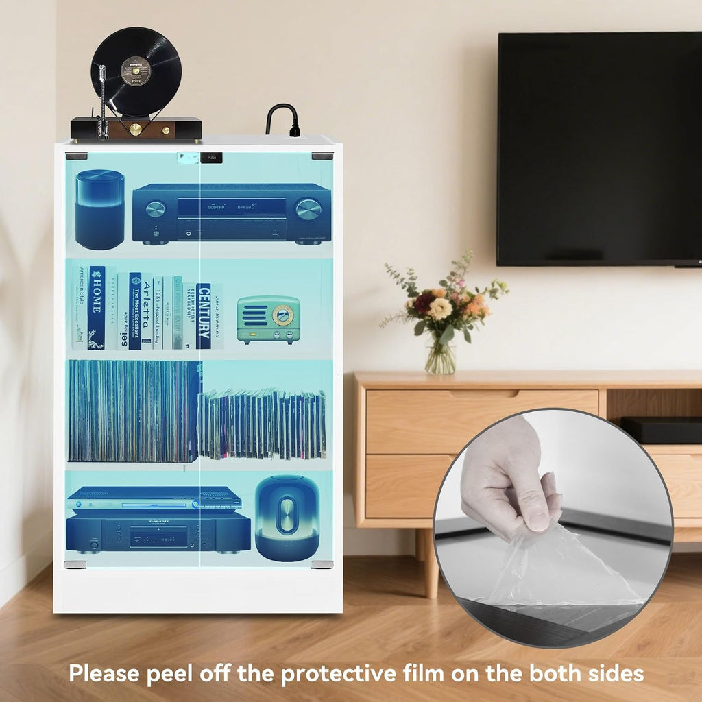Qupui 4-Tier Media Cabinet with LED Lighting, Audio/Video Stand Featuring Built-in USB Ports and Electrical Outlets, Designed for Living Rooms and Gaming Spaces, Glass Doors