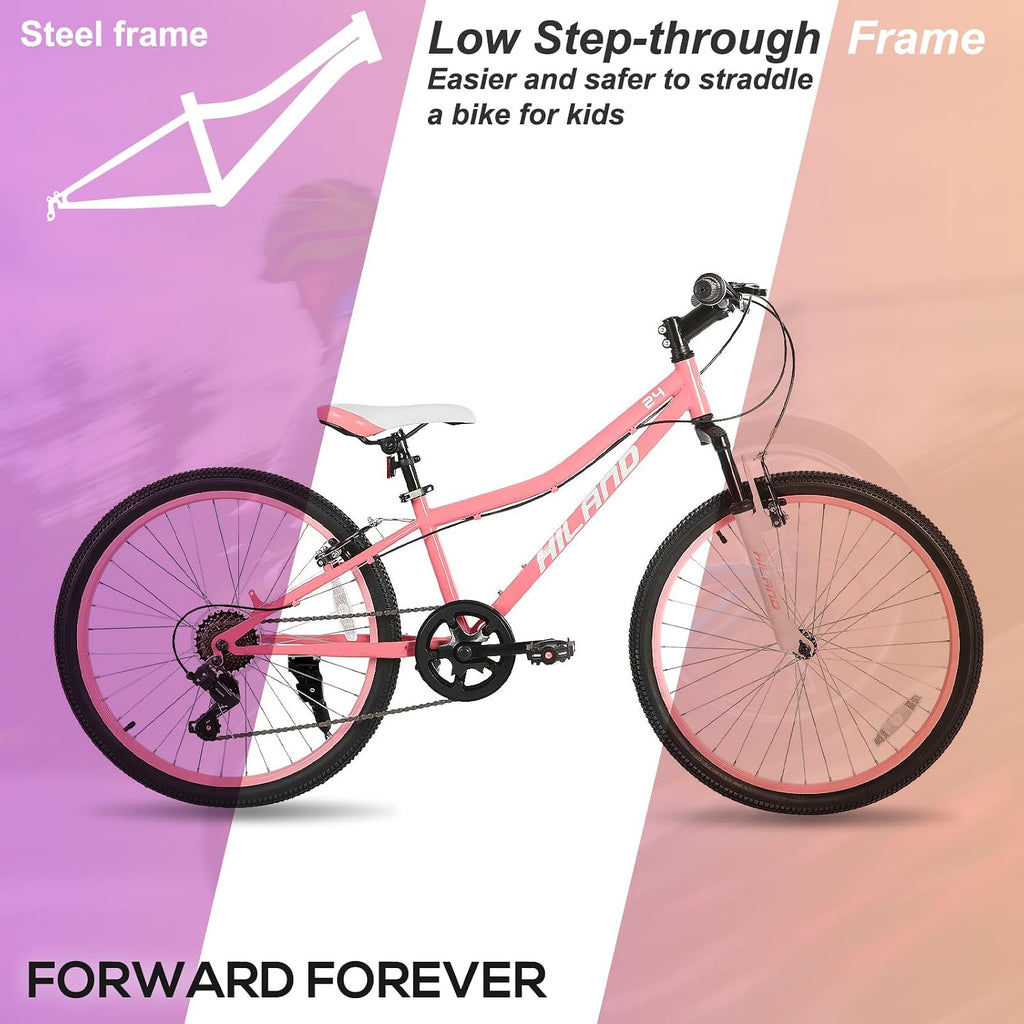 HILAND 24 Inch Kids Bike for Boy Girl Age 7-15 Year Old, Youth Mountain Bike, 7-Speed Kid's MTB Bicycles, Pink