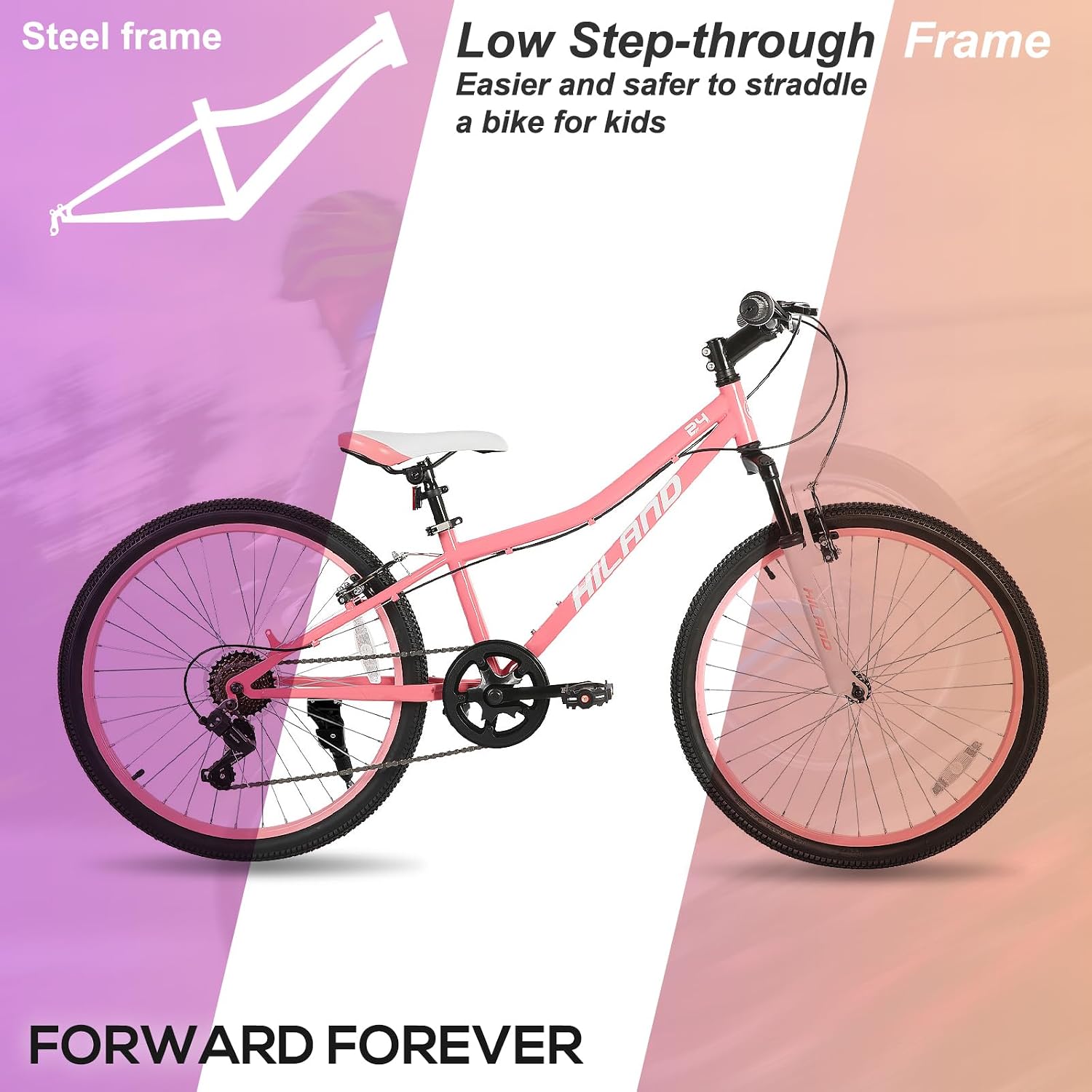 HILAND 24 Inch Kids Bike for Boy Girl Age 7-15 Year Old, Youth Mountain Bike, 7-Speed Kid's MTB Bicycles, Pink