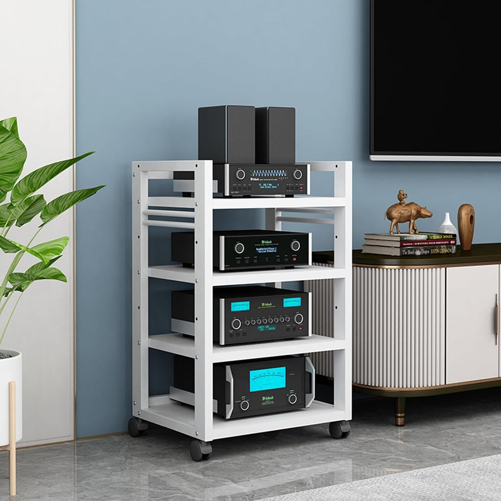 Open 4-Tier Media Stand Audio Video Component Cabinet DVD CD Player Stand Stereo Power Amplifier Equipment Storage Rack with Height Adjustable Wooden Shelf for Home/Office/Theater (Color : H)
