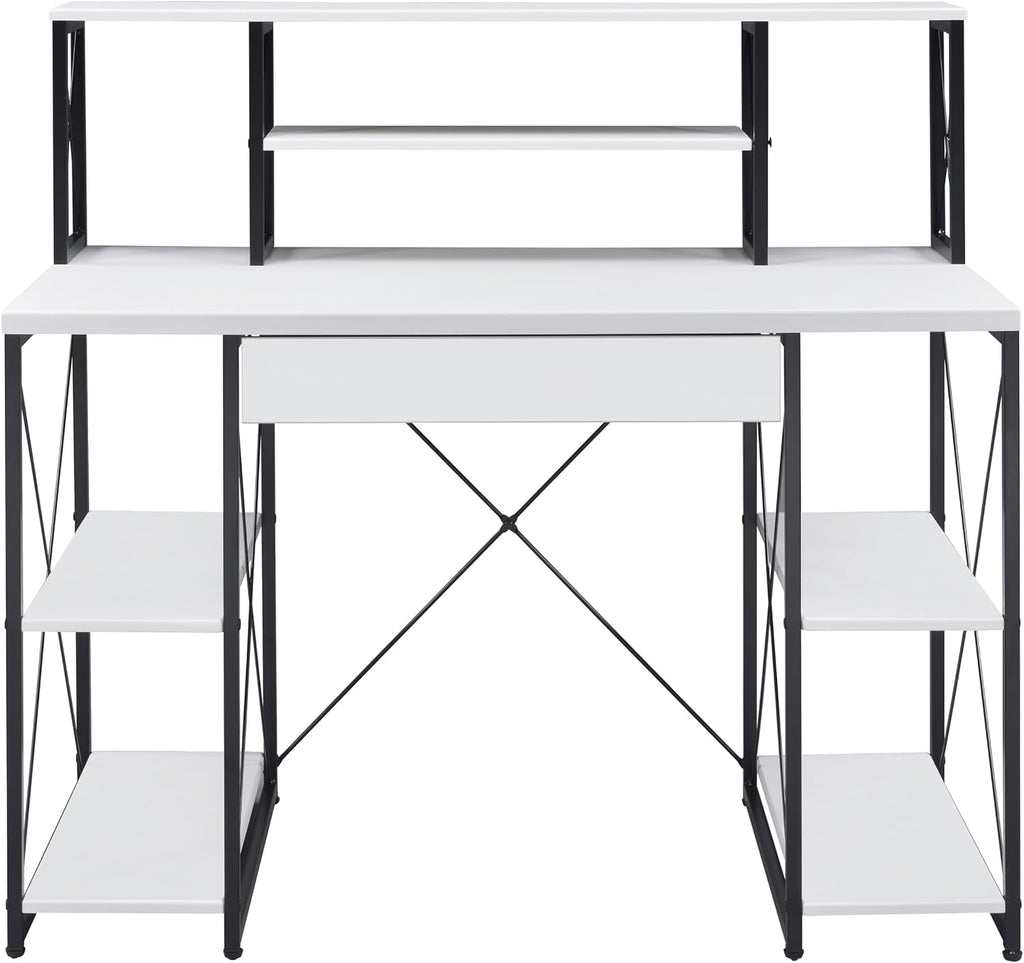 AMNOOL Office Desk with Open Shelves - Stylish Wood Recording Studio Workstation with Drawer and Compartments for Audio Equipment, Cables, and Accessories (White+Black)