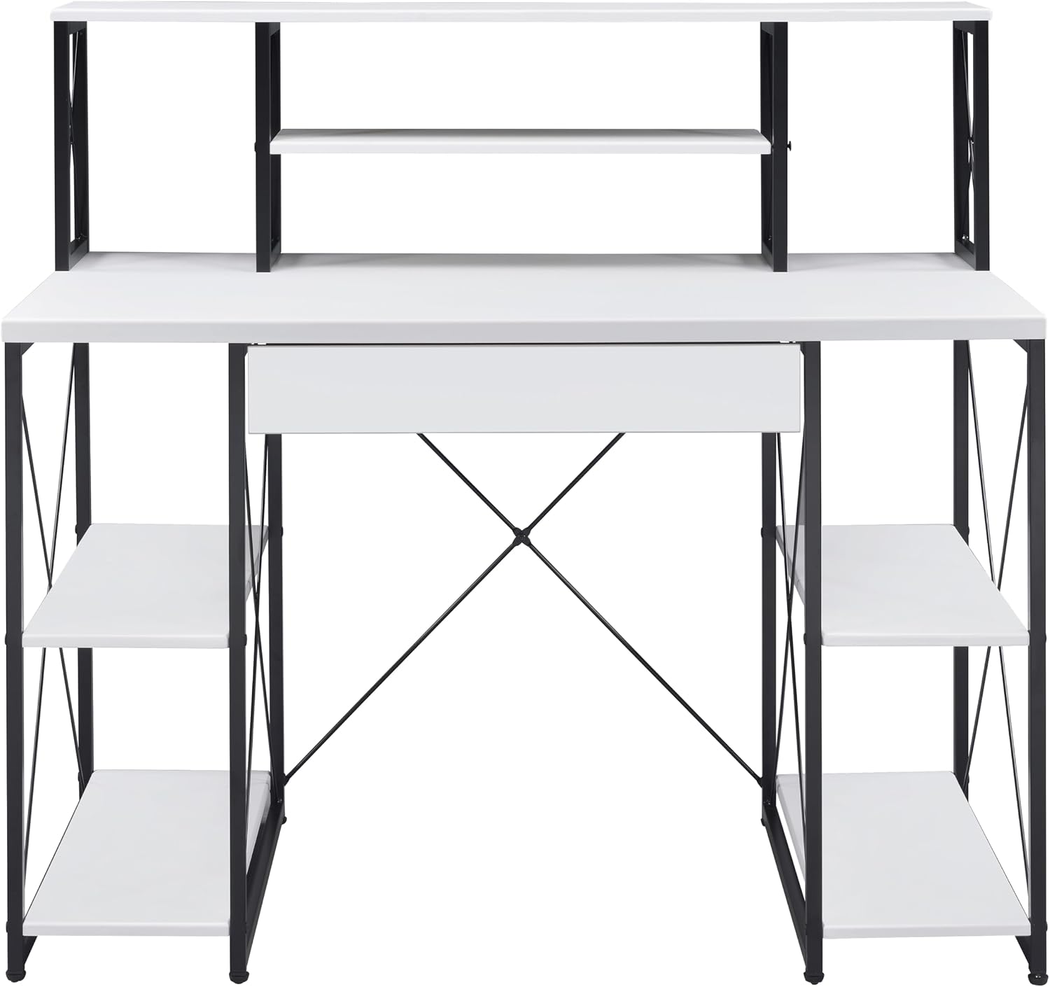 AMNOOL Office Desk with Open Shelves - Stylish Wood Recording Studio Workstation with Drawer and Compartments for Audio Equipment, Cables, and Accessories (White+Black)
