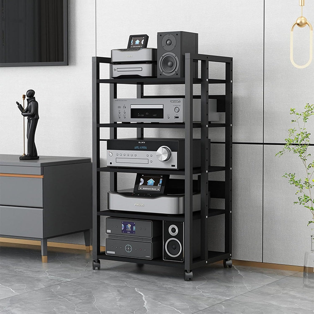 SOBS Multifunction 5 Tier Movable Storage Cart DVD CD Player Stand Amplifier Rack Audio Video Component Media Stand with 5 Wooden Board Shelves for Home/Office/Theater, Black (Color : B)