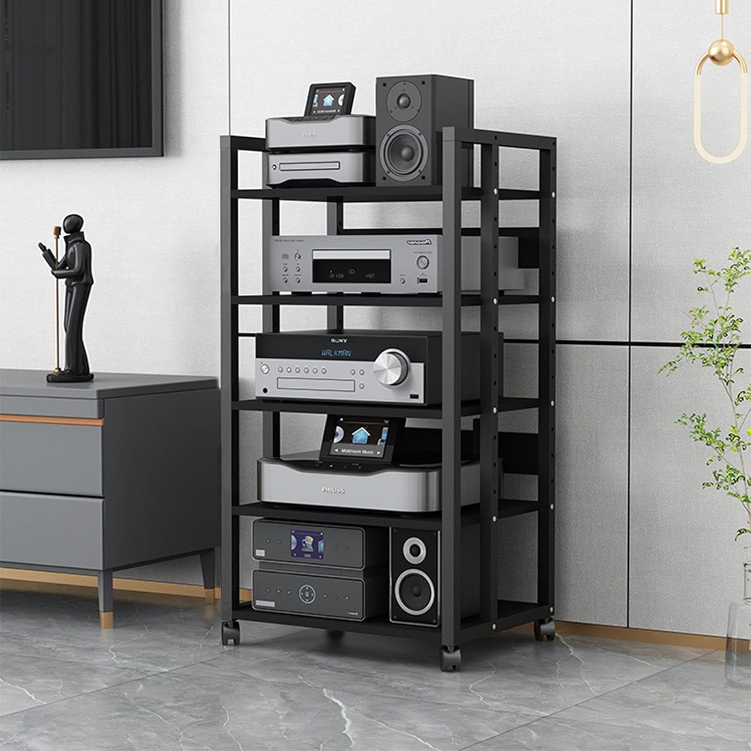 SOBS Multifunction 5 Tier Movable Storage Cart DVD CD Player Stand Amplifier Rack Audio Video Component Media Stand with 5 Wooden Board Shelves for Home/Office/Theater, Black (Color : B)