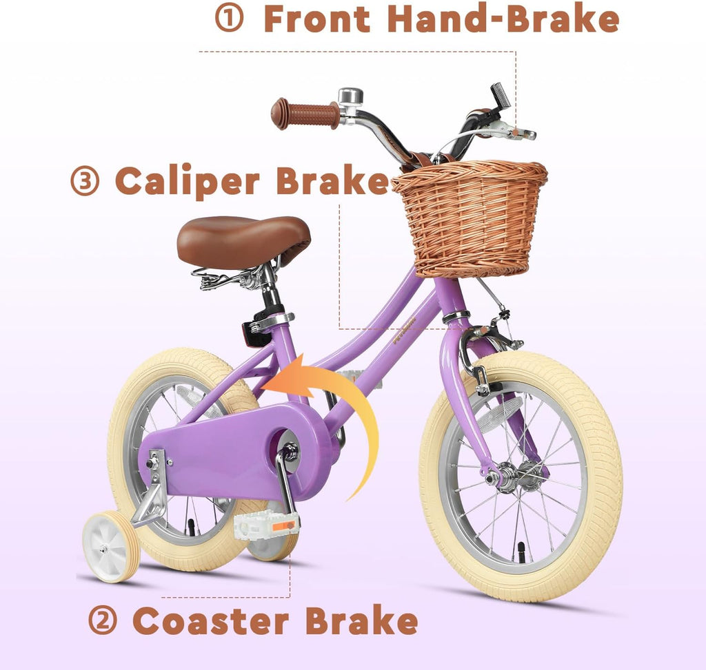 Petimini Vintage Kids Bike for Girls, 12–20 Inch Classic Bicycle with Wicker Basket & Bell, High Tensile Steel Frame, Training Wheels (12–18'), 85% Pre-Assembled, Retro Bike for Outdoor Riding