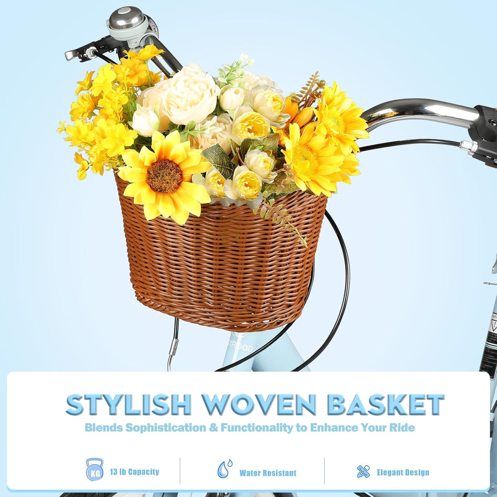26 Inch Folding Beach Cruiser Bike for Women, 7-Speed Ladies Bike with Basket & Rack, Perfect for City Commuting's Bicycle, Ideal for Women and Adults