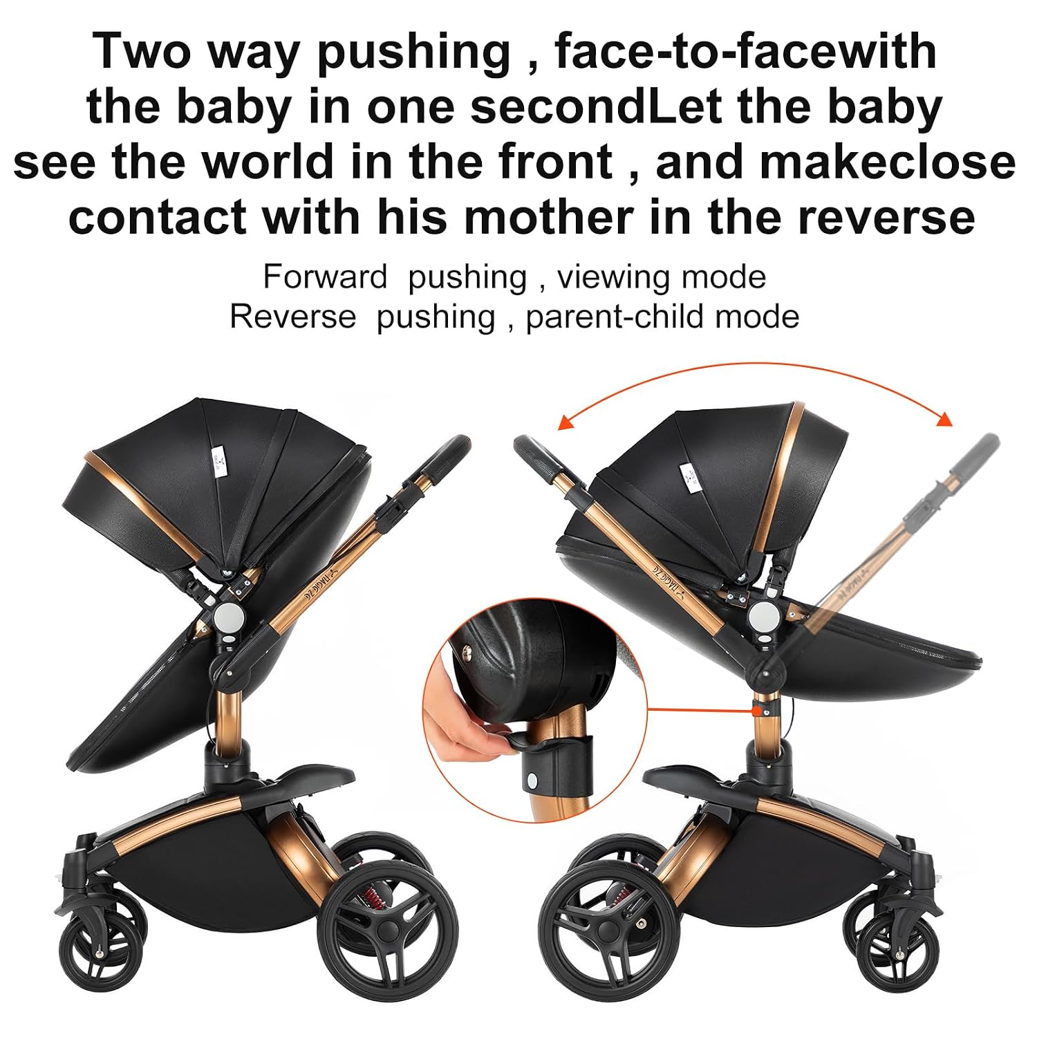 PU Leather 2 in 1 Baby Stroller with 360° Rotatable Seat, Convertible Reversible Standard Baby Pram Portable Pushchair Infant Carriage Foldable High Landscape Pram for Toddler Newborn (HR002-Black)