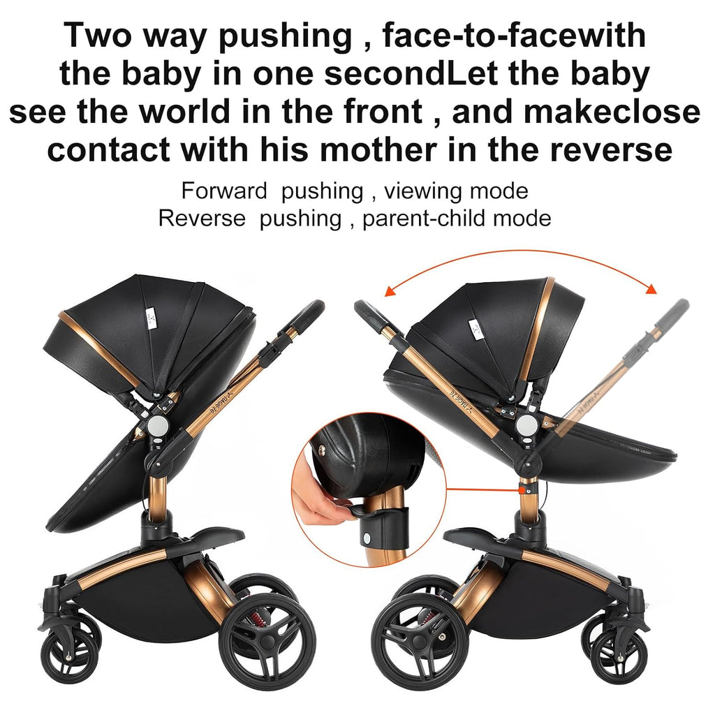 MoLi 2 in 1 Baby Bassinet Stroller, Convertible Foldable Standard Stroller, Reversible Pushchair Infant Buggy Carriage, Portable High Landscape Pram for Toddler Newborn, Aluminum Alloy (HR002-Black)