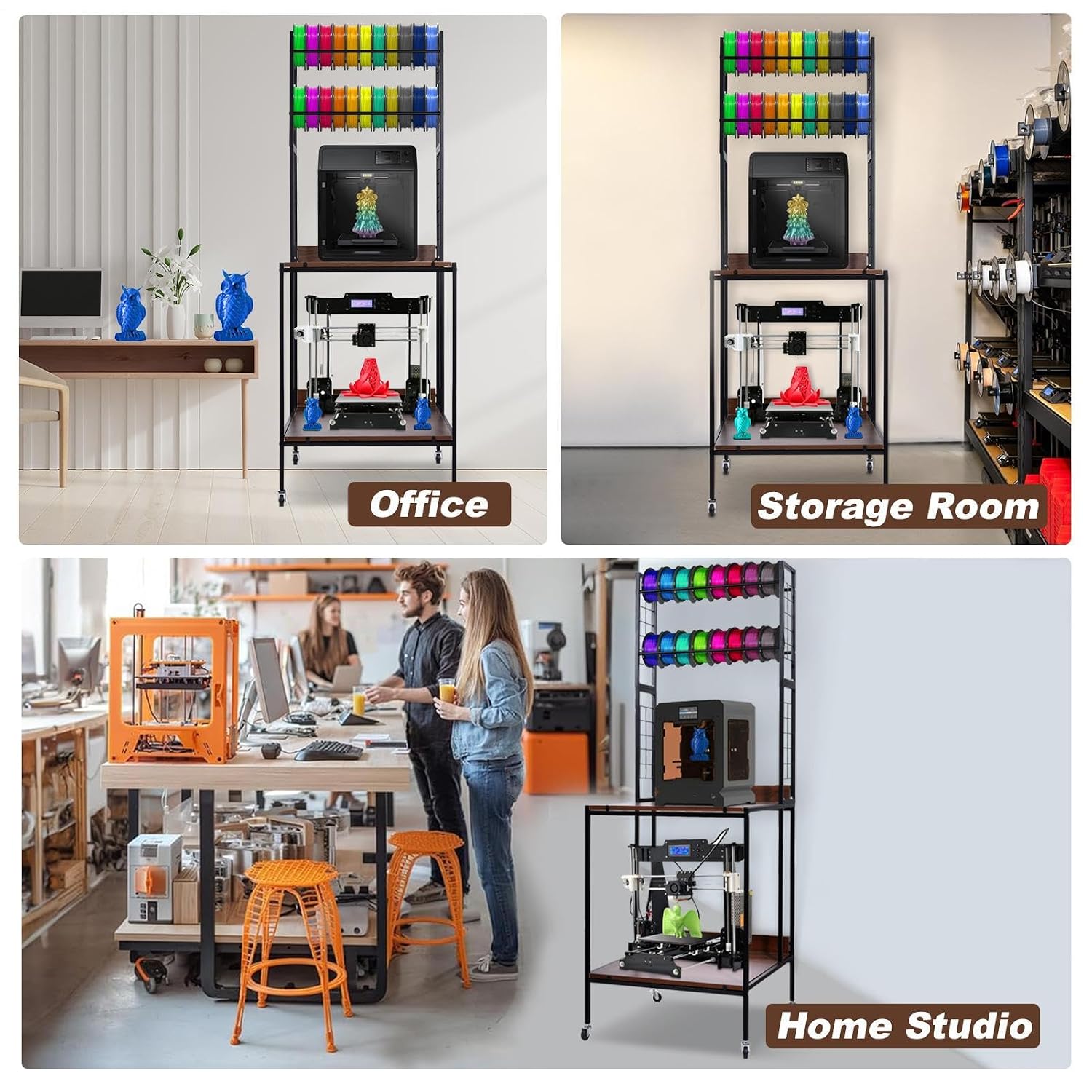 3D Printer Table Stand 2 Layer Rolling 3D Printer Filament Storage Desk Rack Heavy Duty Mobile Table with Feet & Locked Wheels for PL.A ABS PET.G Studio Office Workshop Storage Organization