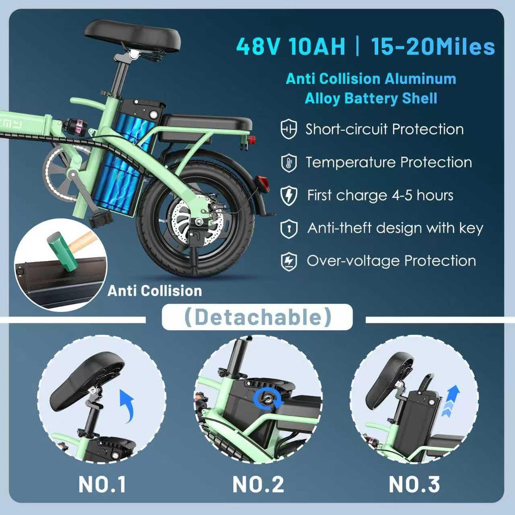 REOCRO Foldable Electric Bike for Adults, 14' Mini Folding E-Bike with 48V 10AH/20AH Removable Battery, 30-60 Miles PAS Range, 700W Peak Motor, Electric Bicycle for Daily Commuting and City Riding