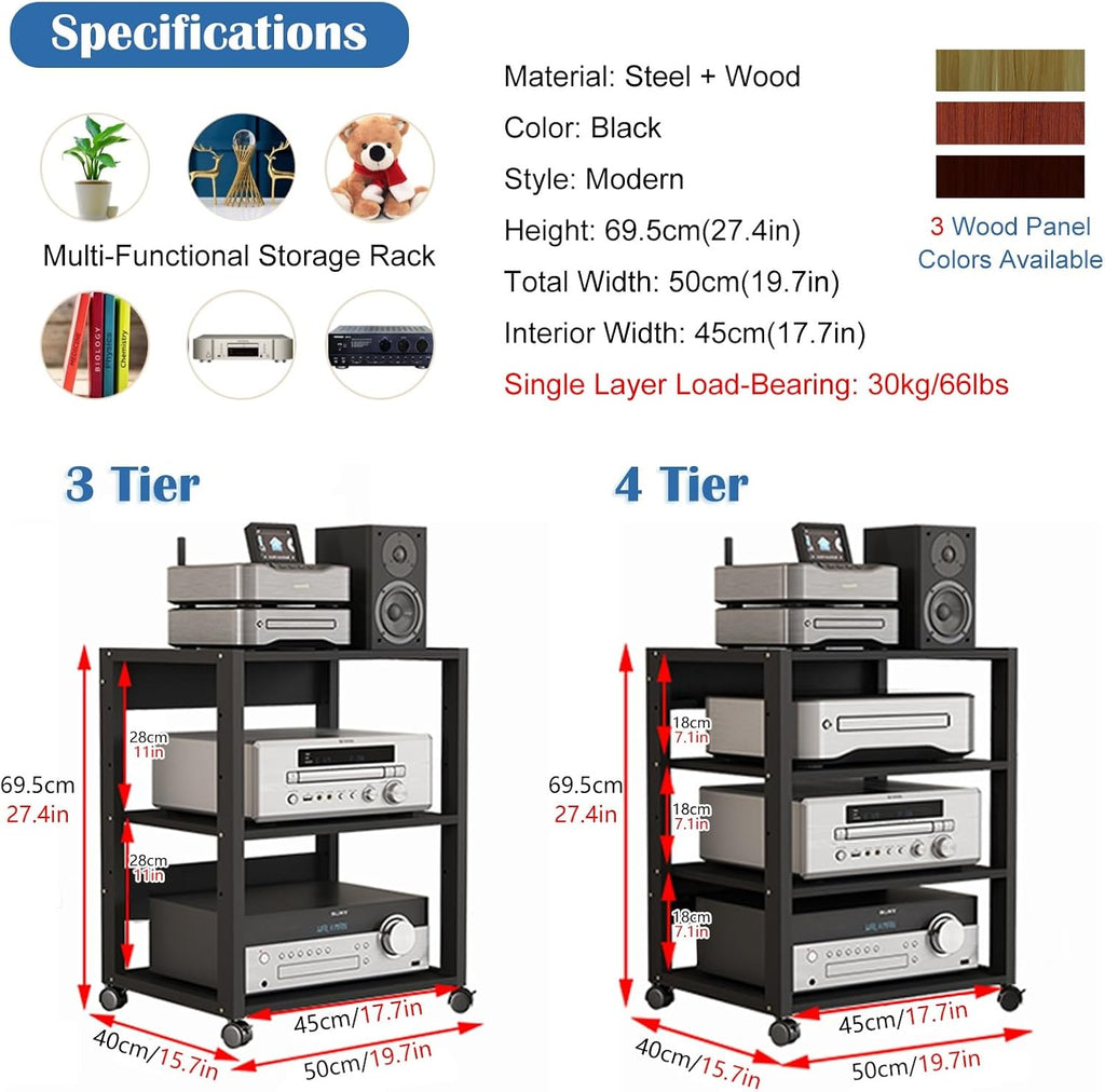 27in High Modern Record Player Stand, 4/3 Tier Mobile Audio AV Media Shelf Vertical Storage Cabinet for Office Home Classroom, Stereo Equipment Rack Adjustable(Brown,4 Tier)