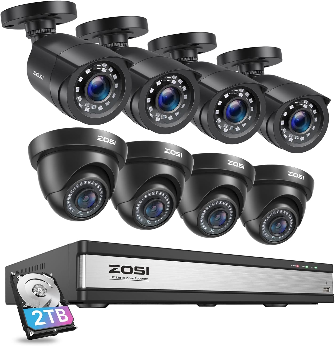 ZOSI 16CH H.265+ 1080P Home Security Camera System with AI Human/Vehicle Detection,8pcs 2.0MP Indoor Outdoor CCTV Bullet Dome Cameras,80ft Night Vision,16 Channel DVR with 2TB HDD for 24/7 Recording