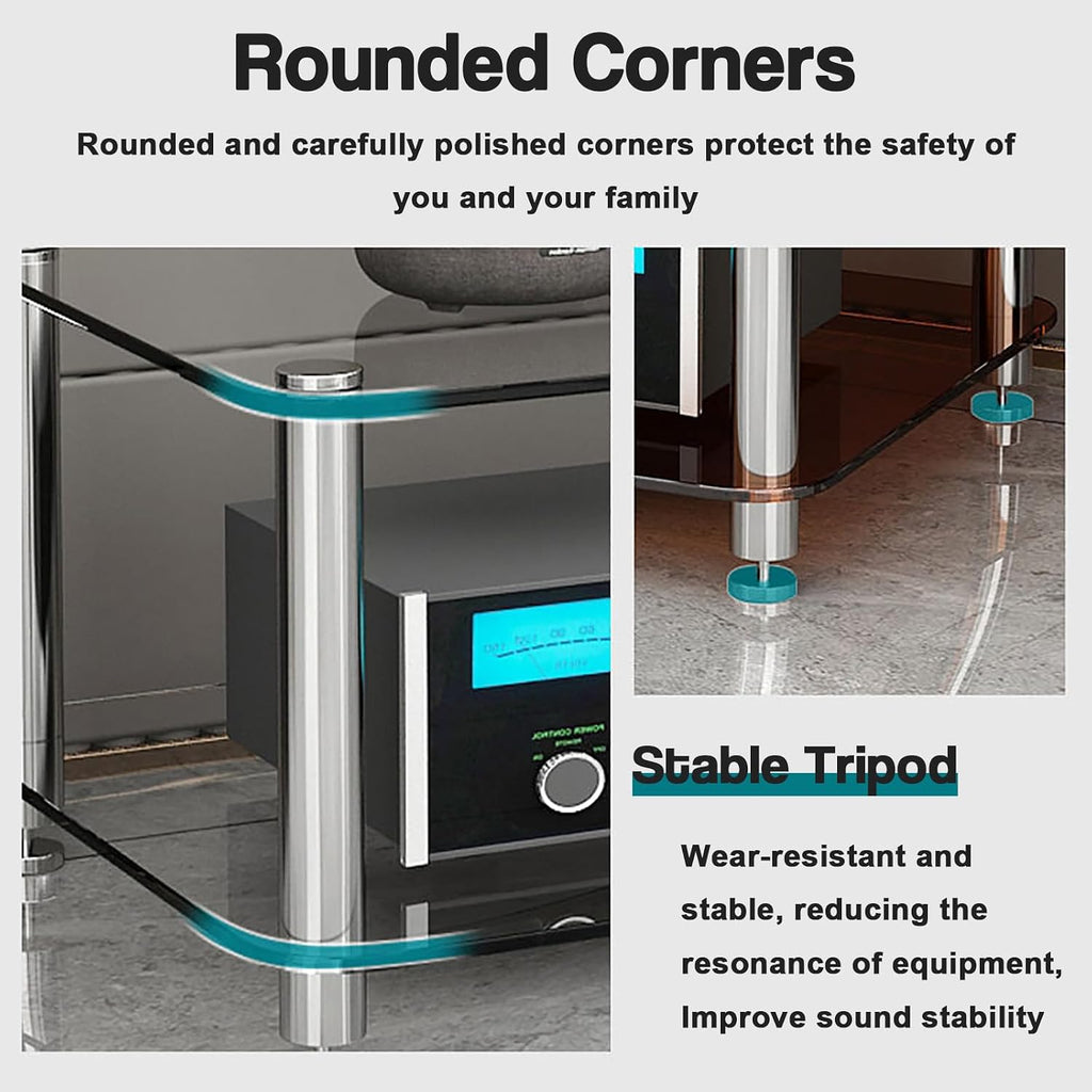 1/2/3/4 Tier Stereo Rack AV Media Stand with Tempered Glass Shelves, Audio Rack Tower CD Record Player Stereo Receiver AV Equipment Cabinet Display Stand,Clear,2 Tier