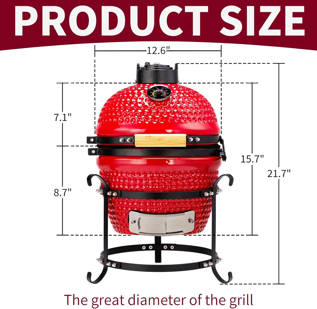 Outvita 13' Round Kamado Charcoal Grill, Portable Ceramic Barbecue Grill with Thermometer for Variations on Cooking Methods(Red)