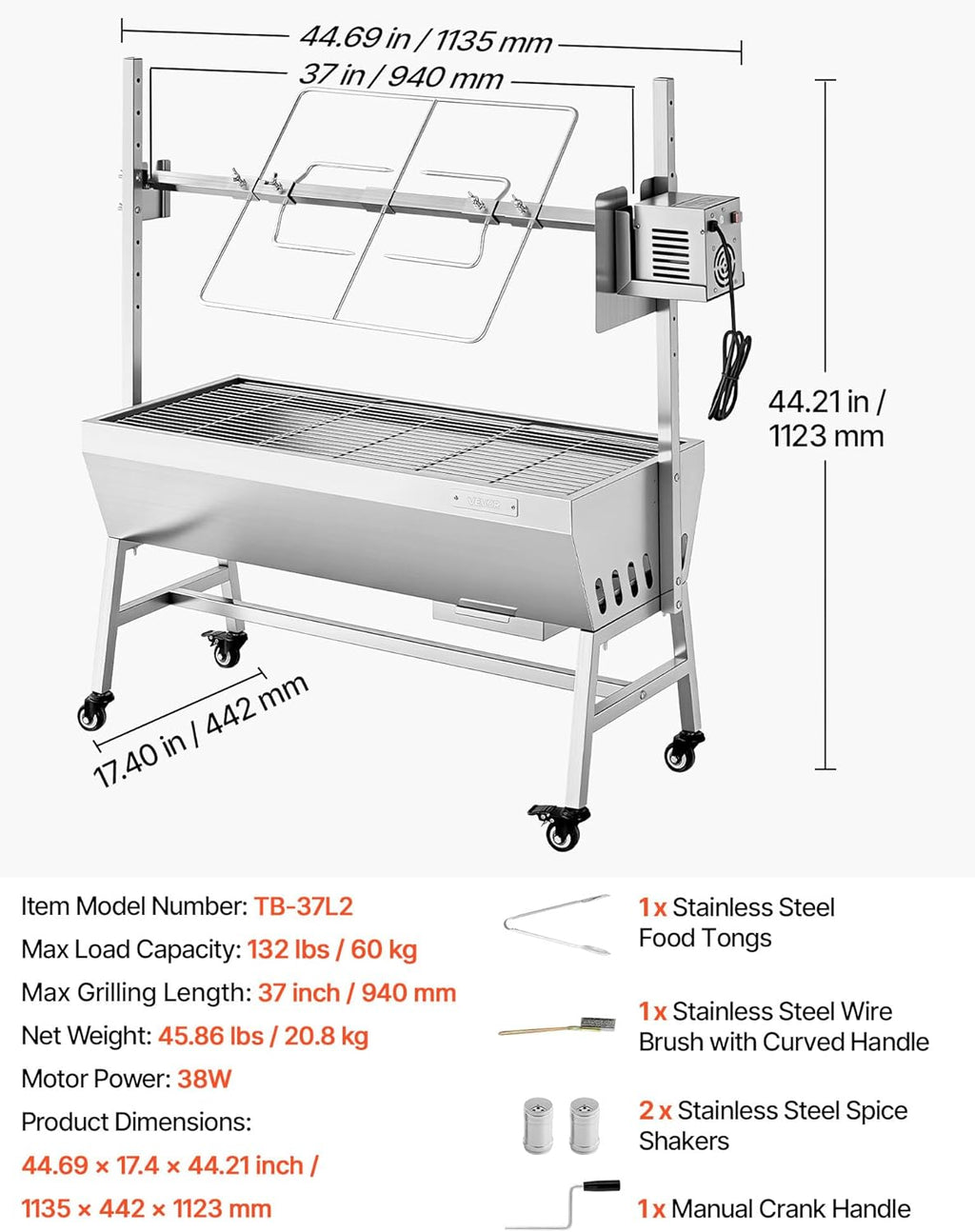VEVOR Rotisserie Grill, 37in BBQ Outdoor Pig & Lamb Spit Roaster, Charcoal Spit Roaster with 132 LBS Capacity, Wheels, 7-Level Height, Stainless Steel Electric Rotisserie Grill Kit for Camping Outdoor
