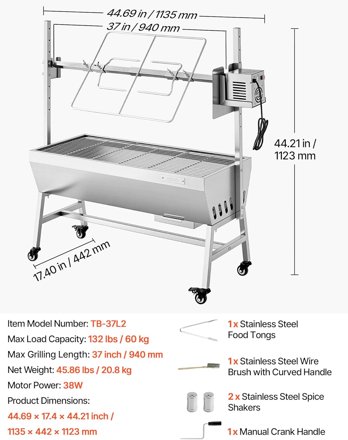 VEVOR Rotisserie Grill, 37in BBQ Outdoor Pig & Lamb Spit Roaster, Charcoal Spit Roaster with 132 LBS Capacity, Wheels, 7-Level Height, Stainless Steel Electric Rotisserie Grill Kit for Camping Outdoor